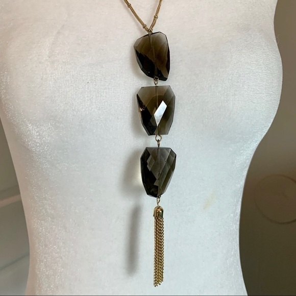 Gold and Grey Crystal & Tassel Statement Necklace - Picture 2 of 7